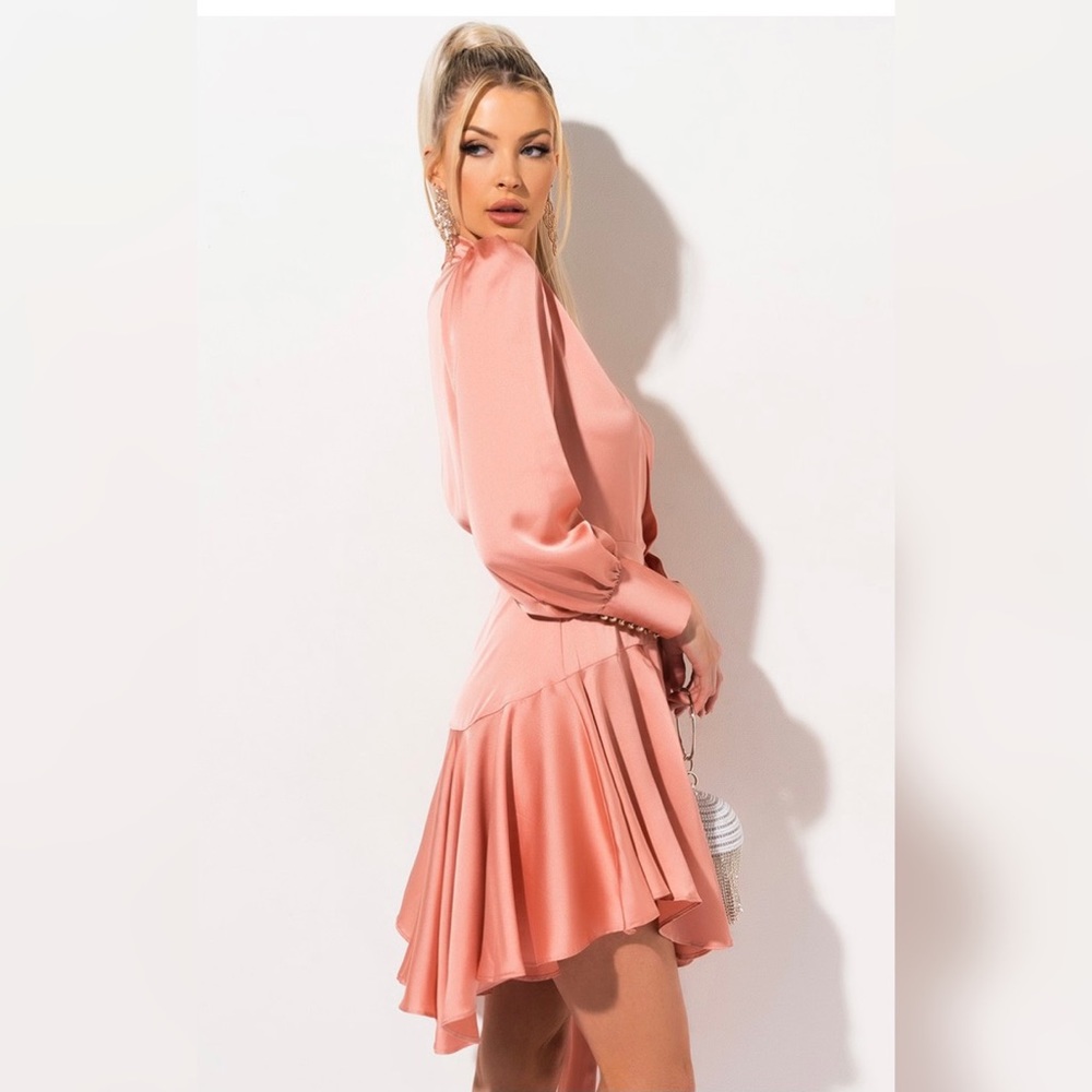 Elegant Pink Long-Sleeve Satin Dress
